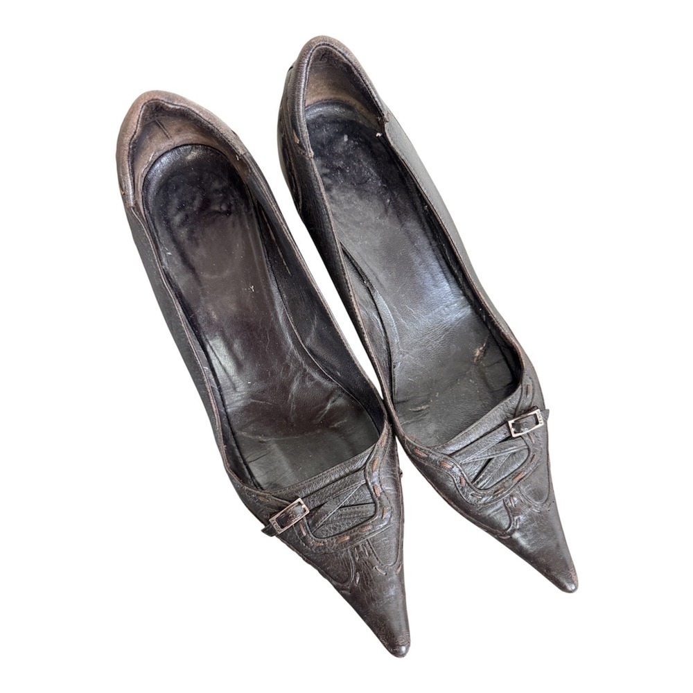 Vintage Fendi Brown Leather Pointed Toe Kitten Heel Pumps‎ EU 38 US 8 Italy